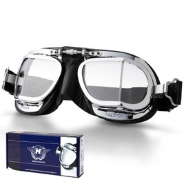 Halcyon Mark49 Motorcycle Goggles, Genuine Leather, Classic, Cafe Racer, Helmet Compatible, UV Protection, Windproof, Dustproof, Retro Design, Genuine Product (Black, Compact)