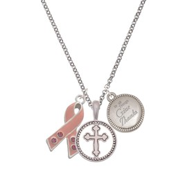 Delight Jewelry Silvertone Large Pink Ribbon with Crystals Silver-tone Give Thanks to God Cross Pendant Necklace, 23"