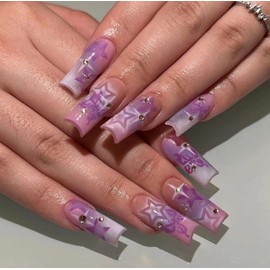 BABALAL Suqare Press on Nails Medium Fake Nails Purple Glue on Nails Star Rhinestone Acrylic Nails Butterfly Stick on Nails for Women and Girls