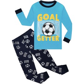 EULLA Baby Boys Goal Getter Pyjamas Football Toddler Pjs Set Long Sleeves Soccer Winter Clothes Blue 2 Pieces Outfit 1-2 Years