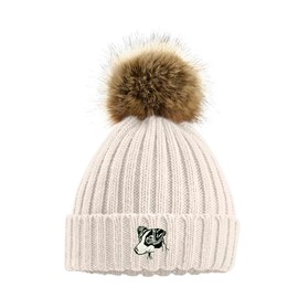 The House Of Dog: Jack Russell Owner Gift. Faux Fur Pom Pom Chunky Knit Super Soft Unisex Embroidered Beanie Hat Oatmeal