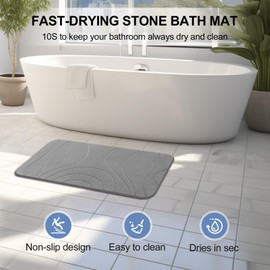 HUMIGA Stone Bath Mat, Diatomaceous Earth Shower Mat, Set of 3, Non-Slip Super Absorbent Quick Drying Bathroom Floor Mat, Grey