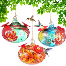 Tioncy 3 Pack Small Hummingbird Feeder Hand Blown Glass Hummingbird Feeders for Outdoors 3inch Glass Humming Bird Feeders with Flower Feeding Ports Pinhole Syringe Window Decor for Outside Garden