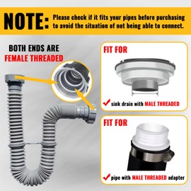 VIVIDA 1-1/2" Sink Drain Pipe 2 PACK, Flexible Sink P Trap, 11"-31.5" Flexible Sink Drain Kit for Bathroom Sink and Kitchen Sink, 1-1/4" Adapter Included, Gray