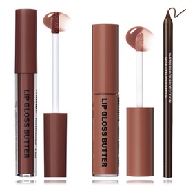PERVALA 2 Colors Nourishing Lip Gloss & Liner Combo, Non-Sticky Lip Plumper with Natural Nude Tinted Lip Oil, Moisturizing Lightweight Lip Kit for Women, Long Wear Shiny Lip Gloss with Lip Liner Set