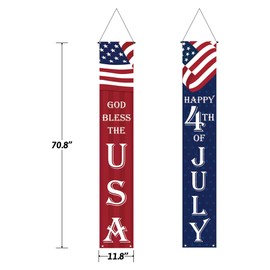 2 Pack 4th of July Patriotic Door Banners – American Flag Porch Signs – Independence Day Decorations – God Bless America Red White Blue Stars & Stripes Outdoor Hanging Decor