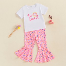 MAHUAOYIXI Baby Girl 2Pcs Birthday Outfits Short Sleeve Letter Print Tops Tshirt + Solid Color Flare Pants Set Toddler Girls Clothes Birthday Clothing Set (Pink Two, 2-3 Years)