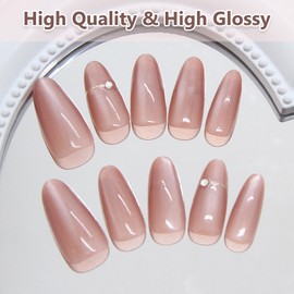 Cat Eye Nude False Nails - 30PCS Jelly Pink Press on Nails Almond - Glossy Glitter Oval Fake Nails with Glue - Acrylic Full Cover CatEye Nails Glue on nails for Women Girls