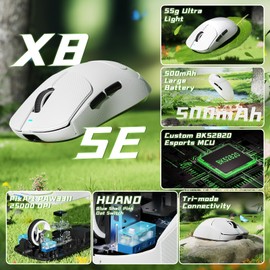 MAMBASNAKE Attack Shark X8 SE 55g Superlight Wireless Gaming Mouse,BK52820 Tri-Mode BT/2.4G Wireless/Wired Mouse with Grip Tape,25000DPI,500mAh,Large Size,5 Programmable Buttons for Pc/Mac(White PRO)