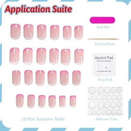Pink French Tip Press on Nails Short Square Petite Fake Nails Reusable False Nails Full Cover Nude Pink Glossy Glue on Nails Acrylic Nails Stick on Nails for Women Girls 24Pcs