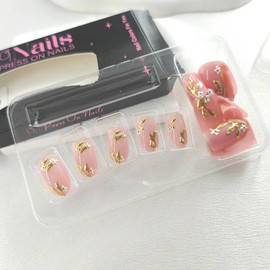 Short Oval Press on Nails Autumn Fake Nails with Flower Chrome Designs Nude Nails Press ons Glossy Gold Acrylic Spring Summer False Stick on Nails for Women 24Pcs