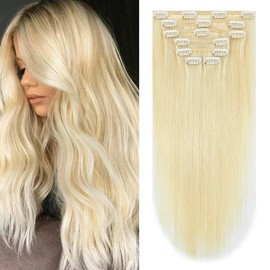 Aison Platinum Blonde Clip in Hair Extensions Real Human Hair 100G/7Pcs 16clips Real Human Hair Extensions for Women(20Inch #Platinum Blonde)