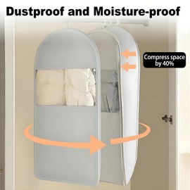 Space Saving Hanging Garment Bag with Self Compression Zipper, 2025 New Space Saver Clothes Storage Organizer, Dust Cover Clothes Bags for Down Coat Suit Dress or Jacket (Gray, XL)