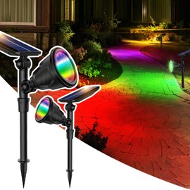 JSOT 2 Pack Christmas Solar Spotlights, RGB Solar Spot Light Outdoor Waterproof Color Changing Landscape Lighting with 9 Lighting Options Decor for Backyard Walkway Tree Lawn