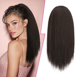 PEACOCO Drawstring Ponytail for Black Women Long Yaki Straight Ponytail Hair Extension 16 Inch Thick Pony Tail Clip in Synthetic Ponytail Hairpiece 4# Dark Brown