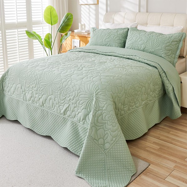 Cmfshape Oversized King Quilt Set Bedspread 128x120-Sage Green California King