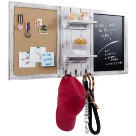 MyGift Wall Mounted Shabby White Washed Wood Entryway Bulletin Board Combo Set with Chalkboard, Cork Board, 2 Storage Display Shelves and 3 Key Hooks, Family Command Center Wall Organizer