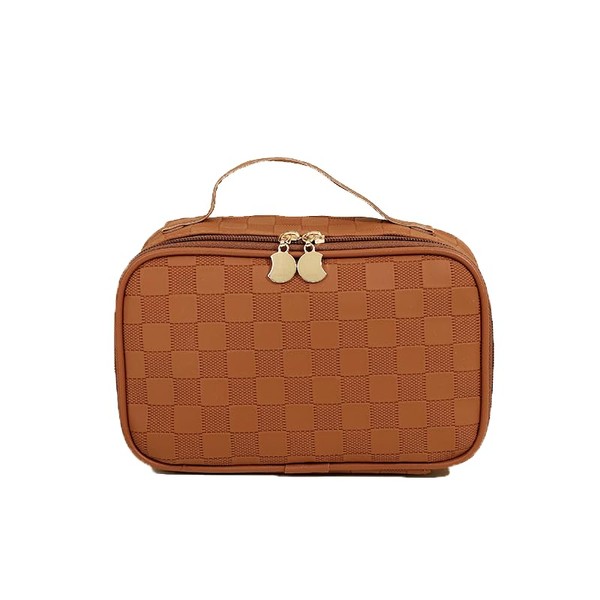 FIORDY Travel Makeup Bag for Women, PU Leather Waterproof Checkered