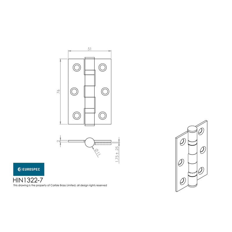 76 X 51 X 2MM BALL BEARING HINGE GRADE 7