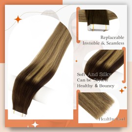 Full Shine Tape in Hair Extensions Human Hair 18 Inch Color 2 Brown Fading to 8 Ash Brown Highlight 27 Blonde Balayage Tape in Extensions Human Hair 50G Seamless Hair Extensions Add Volume