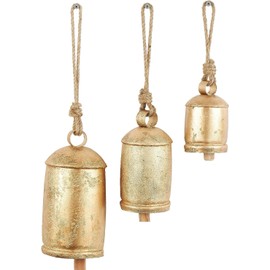 Metal Tibetan Inspired Meditation Decorative Cow Bell with Jute Hanging Rope, Set of 3 10",8",6"H, Christmas Bell