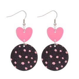Valentine's Day Cute Love Heart Acrylic Wooden Earrings Lightweight Polka Dot Heart Bow Round Wood Dangle Drop Earrings for Women Jewelry Gift-B