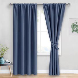 JIUZHEN Dusty Blue Blackout Curtains for Bedroom - Thermal Insulated Room Darkening Rod Pocket Curtains for Living Room, Set of 2 Panels with Tiebacks, 42 x 84 Inch Length, Dusty Blue