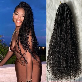 WAIW HAIR Crochet Boho Locs Brading Hair with Human Hair Curls Pre Looped Curly Goddess Boho Dreadlocks Hair Extensions for Black Women Human Hair Natural Color 22inch 24 Strands(1 Pack)