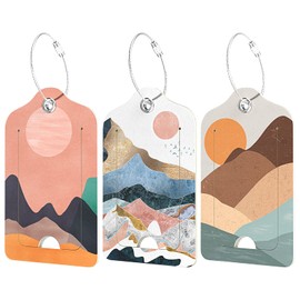 Hnogri 3 Pcs PU Leather Luggage Tags for Suitcase, Travel Cruise Luggage Tag with Privacy Flap, Name ID Label and Metal Loop for Women Men Baggage Handbag School Bag Backpack, Setting Sun