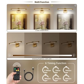 Joosenhouse Battery Operated Picture Lights for Wall Rechargeable Art Lighting for Paintings Wireless Gallery Light with Remote Control 16.54” Dimmable and Timed Off Wall Sconce Brass Color