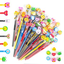 HMIEPRS 50 Pcs Cartoon Pencils with Eraser Toppers Set, Wooden Graphite Pencils with Cute Animal Rubbers for Birthday Gift School Stationery Party Reward Supplies (Color/Style Random)