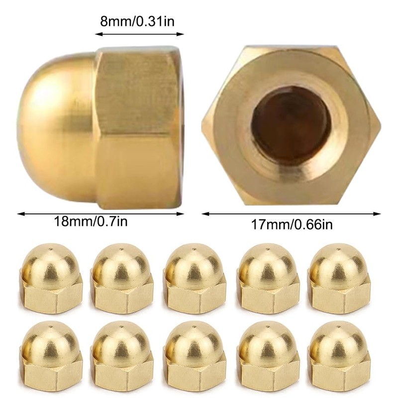 Pack of 10 M8 Hex Cap Nuts, Brass, Brass Cap