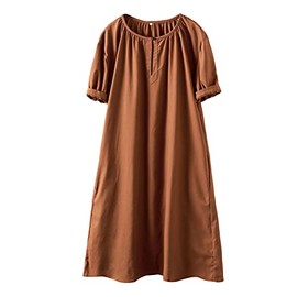 Minibee Women's Cotton Linen Dress Short Sleeve Midi Casual Tunic Dress with Pockets Orange L