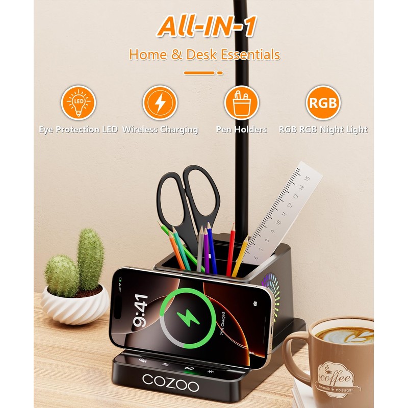Desk Lamp with Wireless Charger, COZOO LED Desk Lamps for