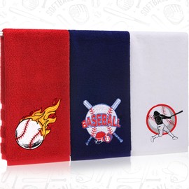SmoothNovelty 3 Pcs Baseball Hand Towels Cotton Embroidered Baseball Absorbent Towels, Red Blue Whiter Sports Theme Gym Spa Home Bathroom Decorative Washcloths Gifts for Women Men Team, 28 x 13 Inch
