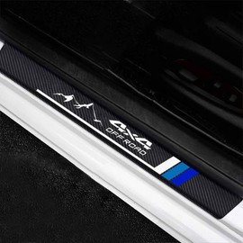 Set of 4 Tri-Color Car Door Sill Protectors for Toyota Tacoma TRD 4Runner Tundra Rav4 Highlander Accessories, Carbon Fiber Door Sill Plate Guard, Retro Stripe Door Step Scuff Plate Front/Rear Doors