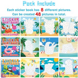 6Pcs Summer Paint by Sticker Books Hello Summer Sticker by Number Books Activity Book Puzzle Book Craft Art Gift with Crab Flamingo Turtle Toucan 48 Pictures Party Favors