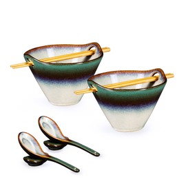 HENXFEN LEAD Ceramic Japanese Ramen Noodle Bowls Set of 2 - Deep Soup Bowls with Spoons, Chopsticks and Holder, 20 Oz Serving Dishes for Pho, Udon Noodle, Cereal - Reactive Green