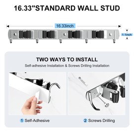 nacena Broom holder Wall Mount, 2-Pack Silver Stainless Steel Self-Adhesive Mop and Broom Hooks Heavy Duty Broom and Mop Storage Rack laundry room organization for Kitchen Garden garage