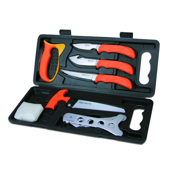 Outdoor Edge WildPak, 8-Piece Field to Freezer Hunting & Game Processing Knife Set with Caping Knife, Gut-Hook Skinner, Boning/Fillet Knife, Wood/Bone Saw, Spreader, Gloves, and Hard-Side Carry Case