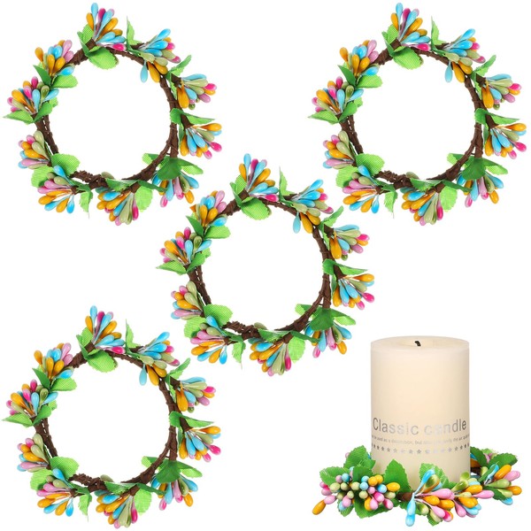Tofficu Easter Wreath Candle Rings Set: 4pcs Coloful Artificial Berry