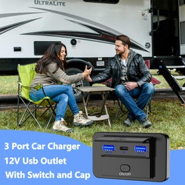 12v Usb Socket 66W 3 Port USB Charger Socket Campervan Usb Outlet 12v Wall Mount Car Charge Adapter with Switch Dual Quick Charge 3.0 & PD for Marine RV Boat Car Truck, etc.