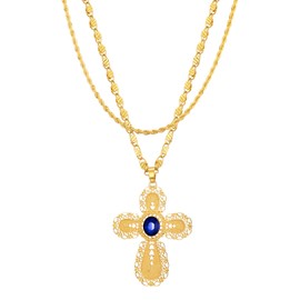 Sajayea Ethiopian Cross Necklace 24K Blue Rhinestone Pendant Habesha Jewelry for Women Coptic Crosses Jewelry