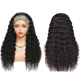 Human Hair Wig Deep Wave 16 Inch Headband Wig Curly Hair Wig Machine Made Wig Non Lace Front for Women Perruque Femme Humain Naturel Natural Color