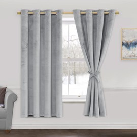 JIUZHEN Silver Grey Velvet Curtains 63 inch - 2 Panels of Soft and Smooth Luxury Velvet Curtains Room Darkening Heat Blocking Grommet Curtain Panels for Kitchen/Short Window, W52 x L63