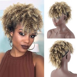 SCENTW Afro Puff Mohawk Ponytail Jerry Curly Non Drawstring Ponytail Clip in Synthetic Fauxhawks Afro Puff Bun with Bangs Short Afro Kinky Curly Hair Bun Warp Hair Extensions with 6 BB Clips