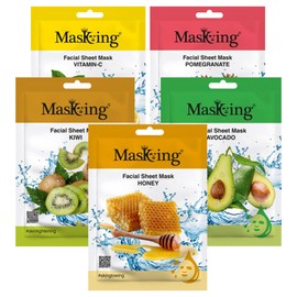 MasKing Beauty Facial Sheet Mask with Real Extract of Lemon, Pomegranate, Kiwi, Avocado & Honey for Skin Brightening, Regeneration, Lightening, Nourishing & Glowing for Women & Men, 100ml (Combo Of 5)