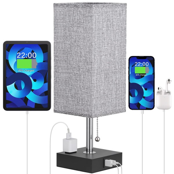 Bedside Lamp with USB Port and Outlet - Table Lamp with USB C + A Charging Port & AC Outlet for Bedroom, Small Nightstand Light for Dresser, Grey Desk Lamp with Type C for Living Room Guest Bed Side