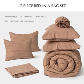 EVERGRACE Modern Comforter Set Queen Size 7 Piece, Shabby Chic Tufted Comforter Set with Sheets, Lines Embroidery Bedding Set, All Season Soft Microfiber Complete Bed Set, Clay, 90"x90"