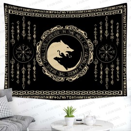 F-FUN SOUL Nordic Vikings Tapestry, 80x60inches Soft Flannel, Viking Violence Wolf Celtic Rune Scandinavian Aesthetic Mythology Tapestry Wall Hanging for Bedroom Living Room Decor GTZYFS1791